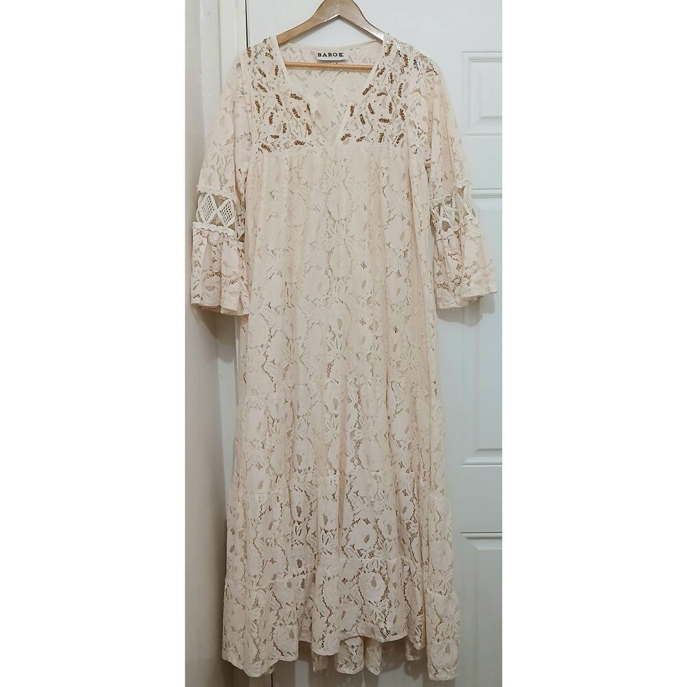 Barok womens large peasant effortless long lace maxi dress beige cream